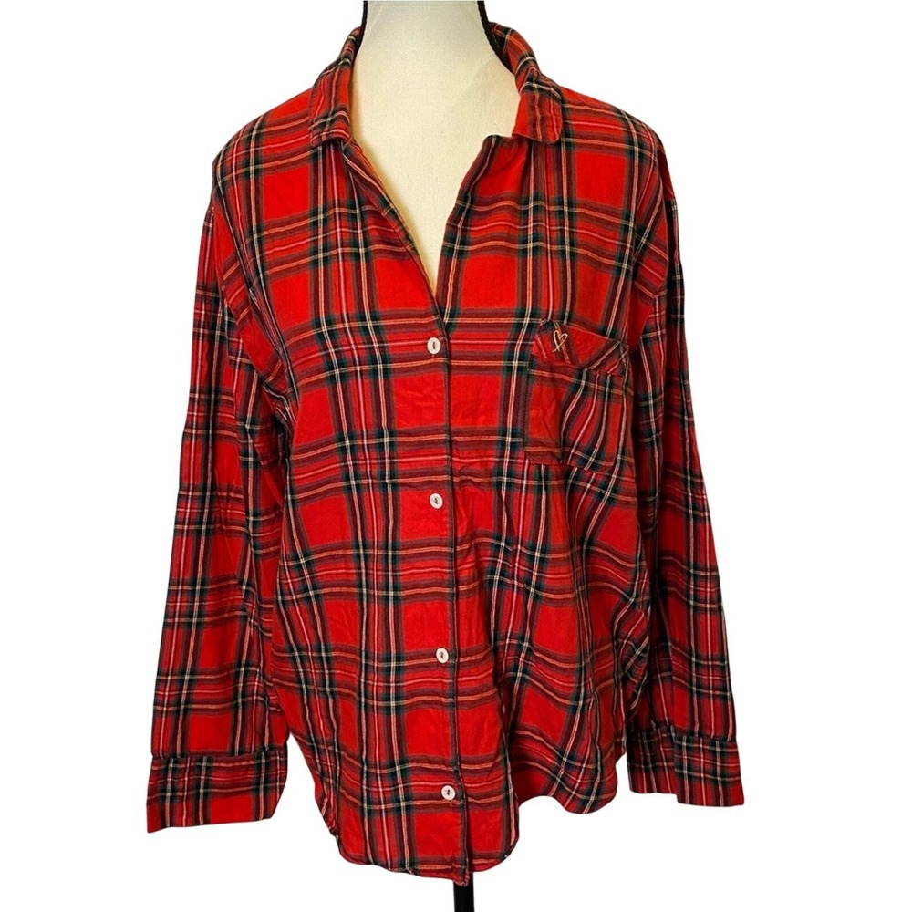 Victoria's Secret Women's Pajama Top Medium Red Plaid Flannel‎ Button Down